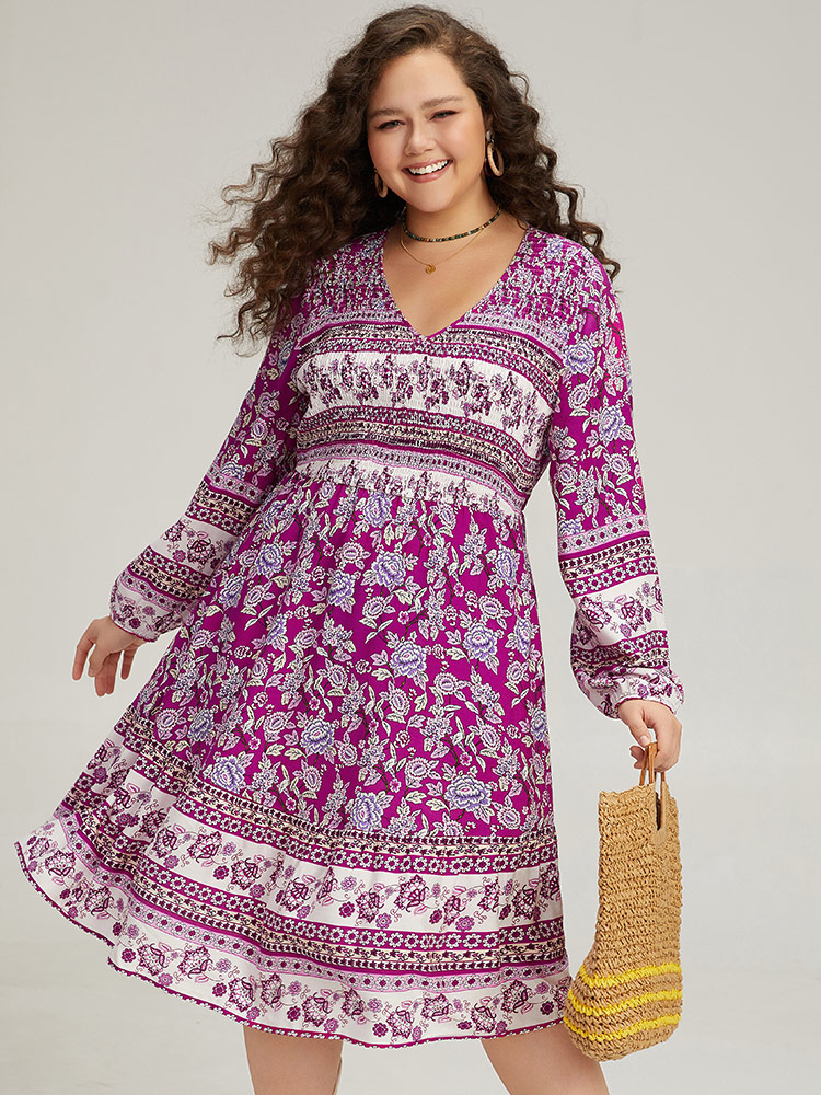 

Plus Size Bandana Print Pocket V Neck Shirred Dress Purple Women Vacation Elastic cuffs V-neck Long Sleeve Curvy Midi Dress BloomChic