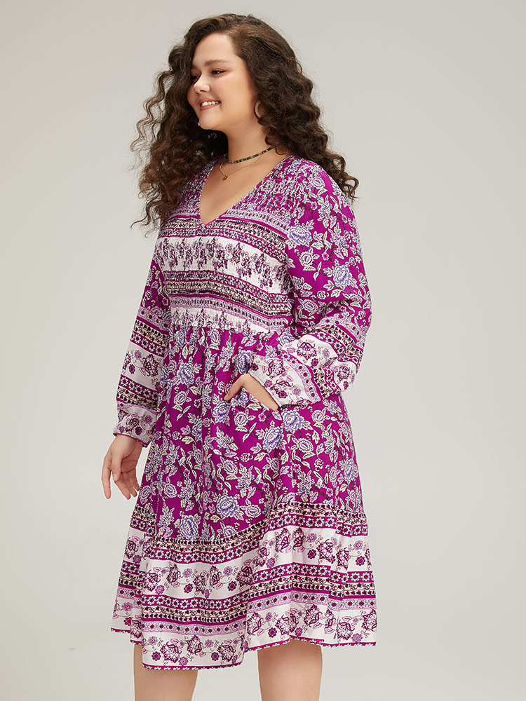 

Plus Size Bandana Print Pocket V Neck Shirred Dress Purple Women Vacation Elastic cuffs V-neck Long Sleeve Curvy Midi Dress BloomChic