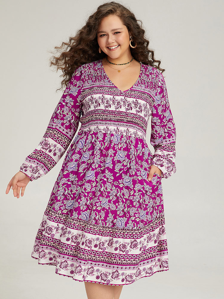 Plus Size Bandana Print Pocket V Neck Shirred Dress Purple Women Vacation Elastic cuffs V-neck Long Sleeve Curvy Midi Dress BloomChic 28/5X 