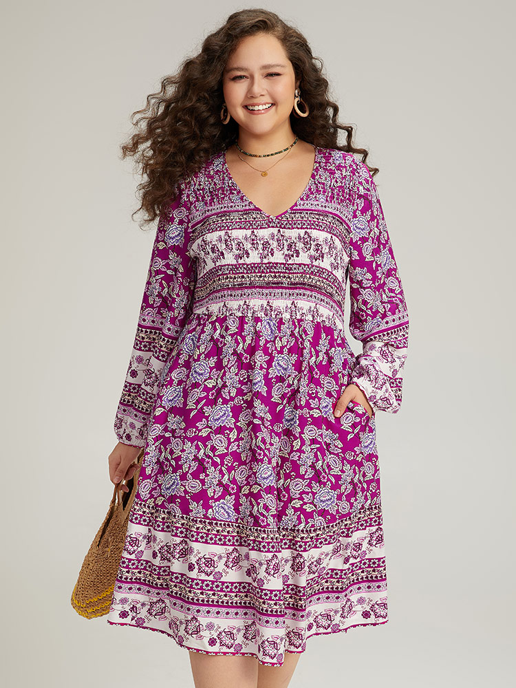 Plus Size Bandana Print Pocket V Neck Shirred Dress Purple Women Vacation Elastic cuffs V-neck Long Sleeve Curvy Midi Dress BloomChic 28/5X 