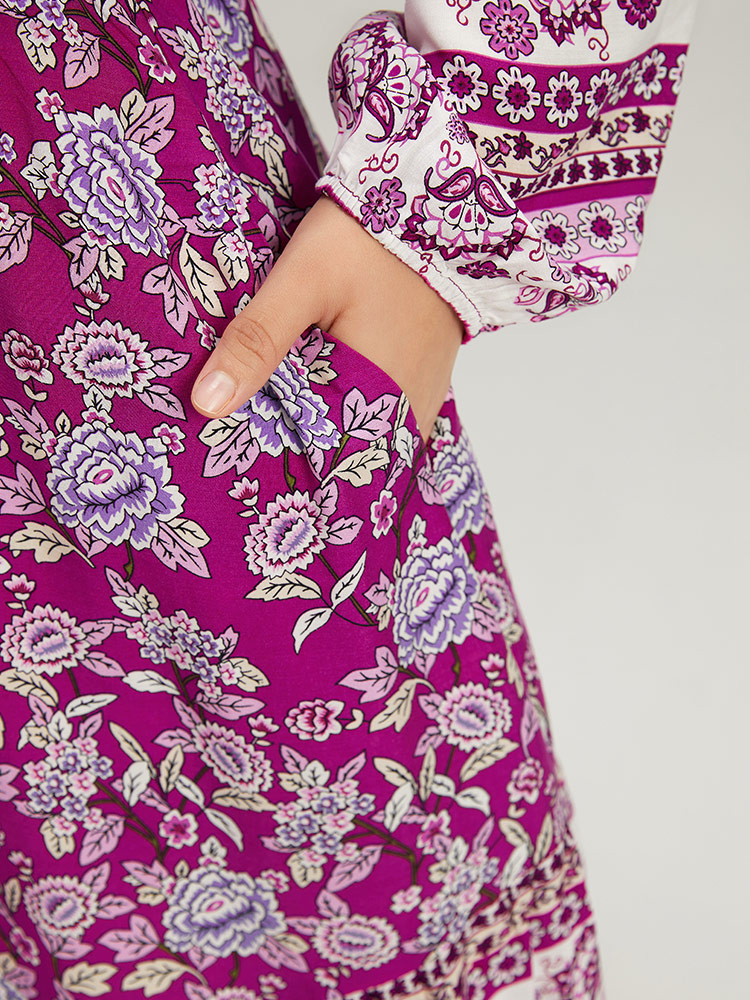 Plus Size Bandana Print Pocket V Neck Shirred Dress Purple Women Vacation Elastic cuffs V-neck Long Sleeve Curvy Midi Dress BloomChic 28/5X 