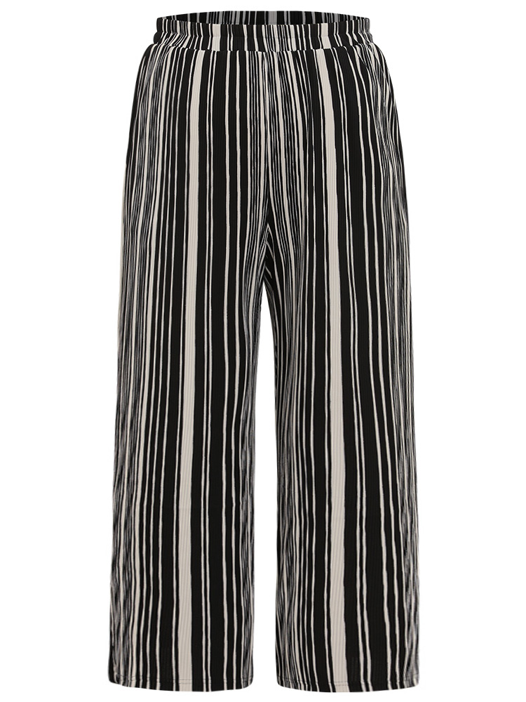 Plus Size Striped Elastic Waist Pocket Loose Pants Women Black Casual Wide Leg High Rise Dailywear Pants BloomChic 12/L 