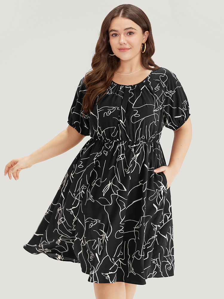 

Plus Size Graphic Print Pleated Elastic Cuffs Dress Black Women Office Elastic cuffs Round Neck Short sleeve Curvy Midi Dress BloomChic