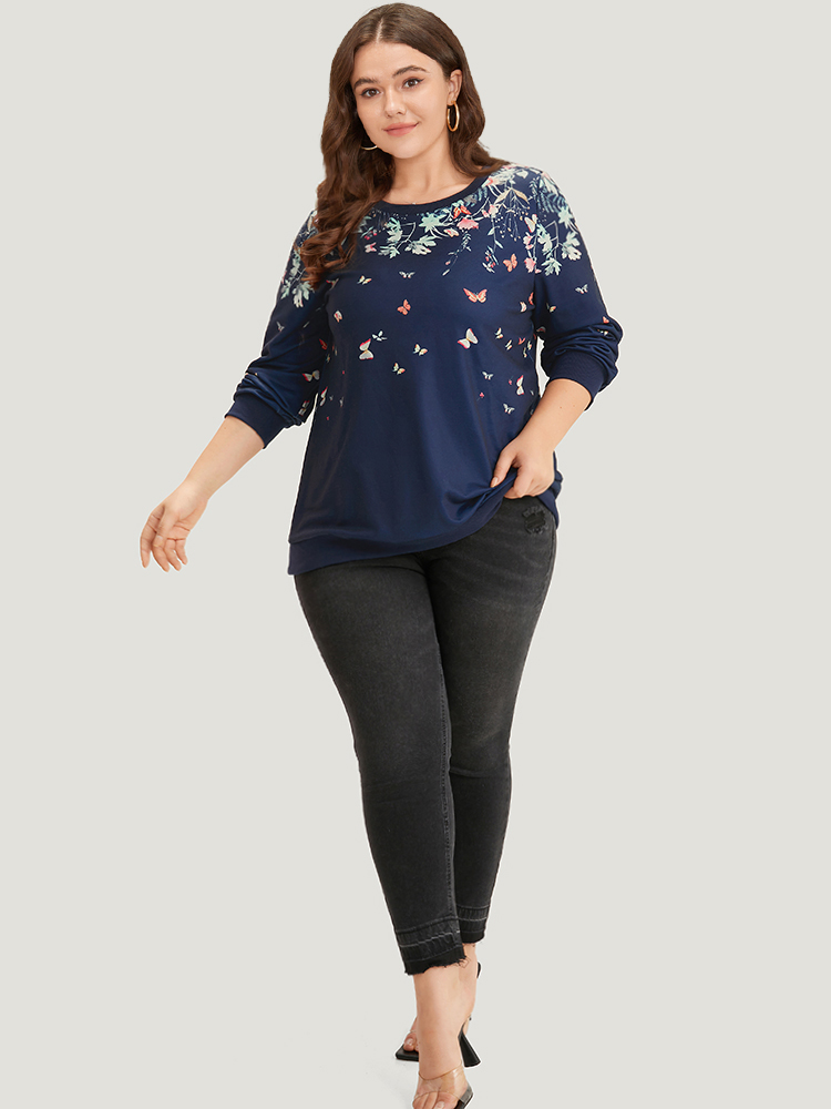 Plus Size Women Dailywear Natural Flowers Elastic cuffs Regular Regular Sleeve Long Sleeve Round Neck Elegant Sweatshirts BloomChic 