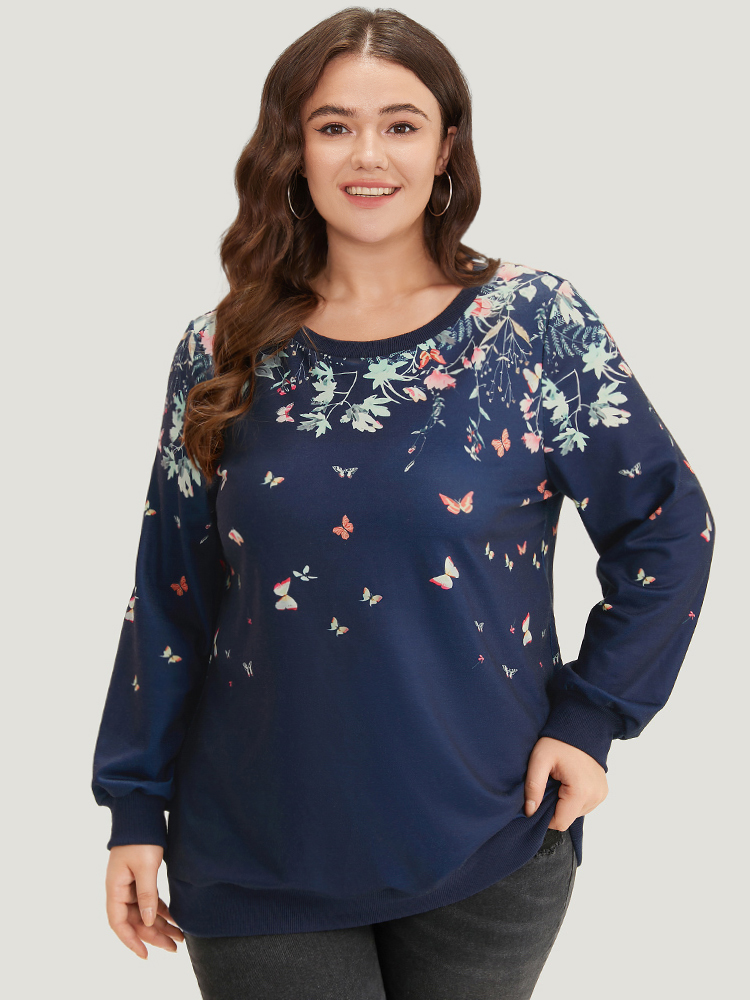 Plus Size Women Dailywear Natural Flowers Elastic cuffs Regular Regular Sleeve Long Sleeve Round Neck Elegant Sweatshirts BloomChic 
