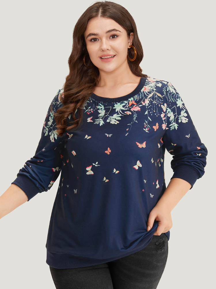 Plus Size Women Dailywear Natural Flowers Elastic cuffs Regular Regular Sleeve Long Sleeve Round Neck Elegant Sweatshirts BloomChic 