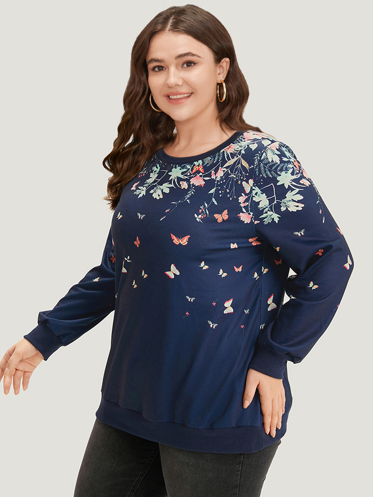 Plus Size Women Dailywear Natural Flowers Elastic cuffs Regular Regular Sleeve Long Sleeve Round Neck Elegant Sweatshirts BloomChic 