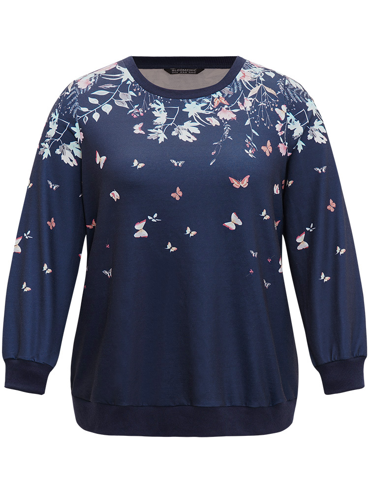 Plus Size Women Dailywear Natural Flowers Elastic cuffs Regular Regular Sleeve Long Sleeve Round Neck Elegant Sweatshirts BloomChic 