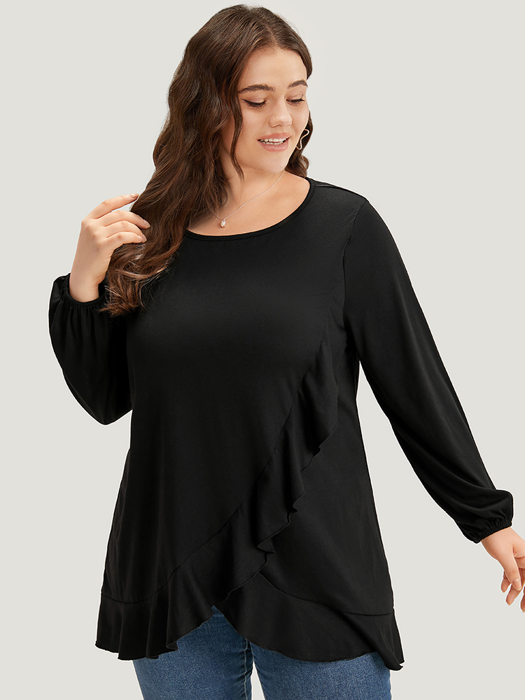 

Plus Size Plain Ruffle Trim Round Neck Lantern Sleeve T-shirt Black Round Neck Long Sleeve Elegant Jersey Tops