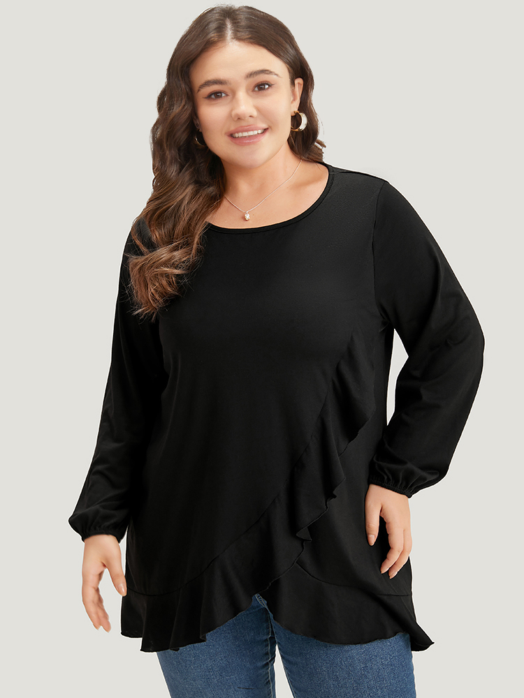 

Plus Size Plain Ruffle Trim Round Neck Lantern Sleeve T-shirt Black Round Neck Long Sleeve Elegant Jersey Tops