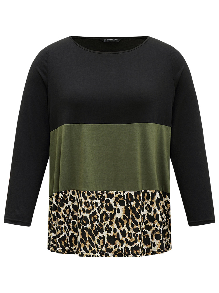 Plus Size Women Everyday Leopard Contrast Regular Sleeve Long Sleeve Round Neck Casual T-shirts BloomChic 