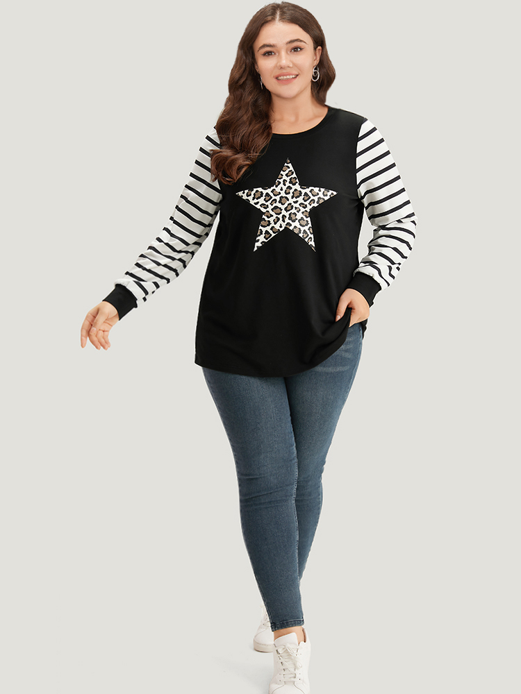 

Plus Size Star Leopard Print Striped Patchwork Crew Neck Sweatshirt Women Black Casual Elastic cuffs Dailywear Sweatshirts BloomChic