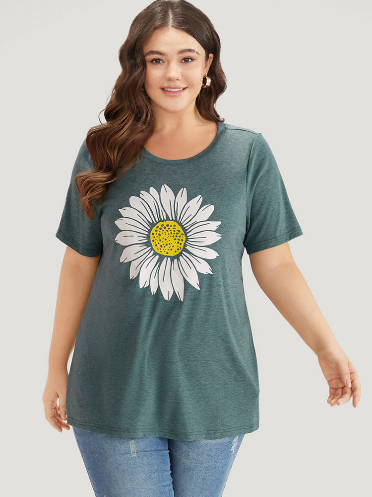 Plus Size Floral Print Round Neck T-shirt Cyan Women Casual Printed Natural Flowers Dailywear T-shirts BloomChic 14-16/1X 
