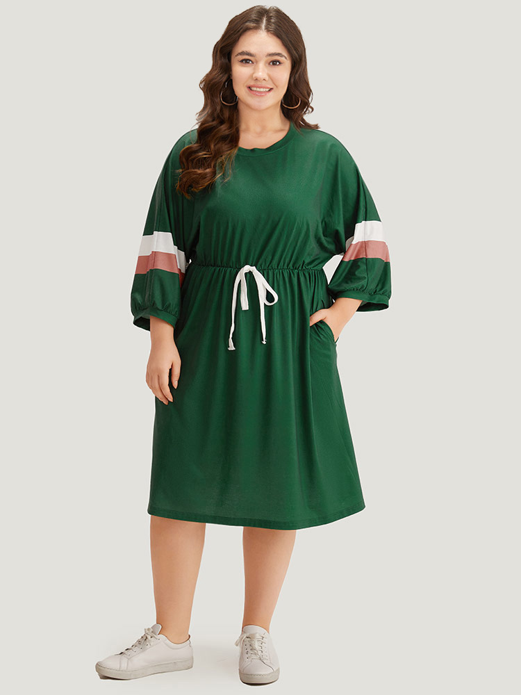 Plus Size Women Dailywear Colorblock Cross straps Lantern Sleeve Elbow-length sleeve Round Neck Pocket Casual Dresses BloomChic 
