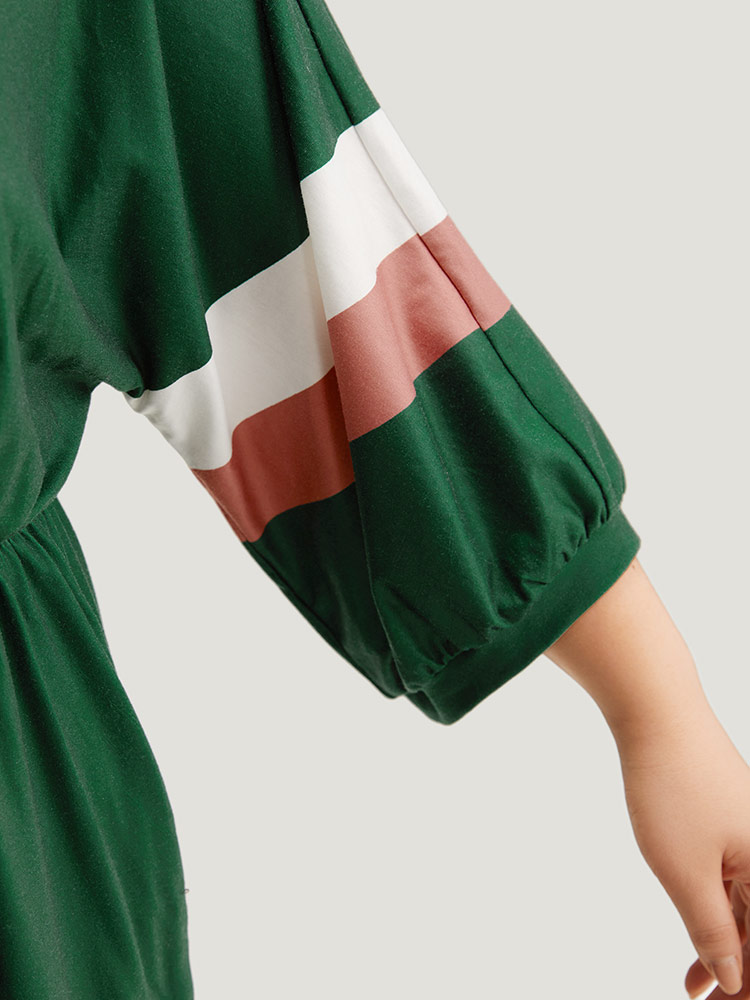 Plus Size Women Dailywear Colorblock Cross straps Lantern Sleeve Elbow-length sleeve Round Neck Pocket Casual Dresses BloomChic 