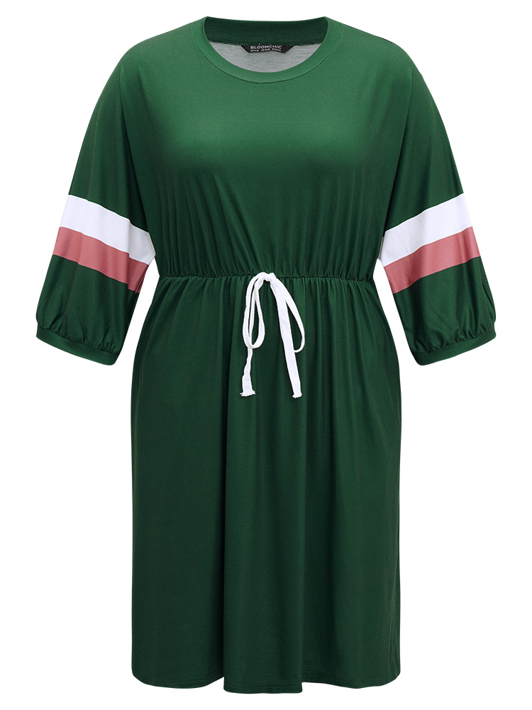 Plus Size Women Dailywear Colorblock Cross straps Lantern Sleeve Elbow-length sleeve Round Neck Pocket Casual Dresses BloomChic 