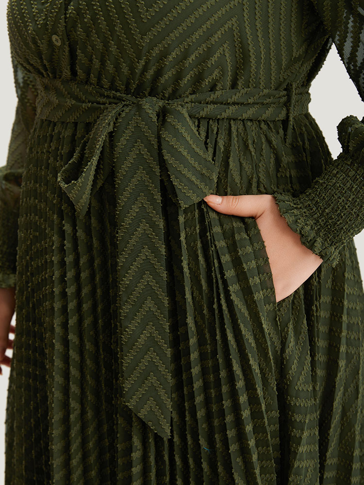 

Plus Size Shirred Belted Pocket Shirt Collar Button Through Dress ArmyGreen Women Office Elastic cuffs Shirt collar Long Sleeve Curvy Midi Dress BloomChic