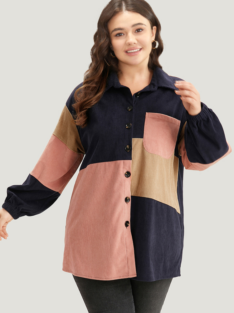 

Plus Size Colorblock Contrast Patchwork Pocket Button Through Jacket Women DarkBlue Pocket Dailywear Jackets BloomChic