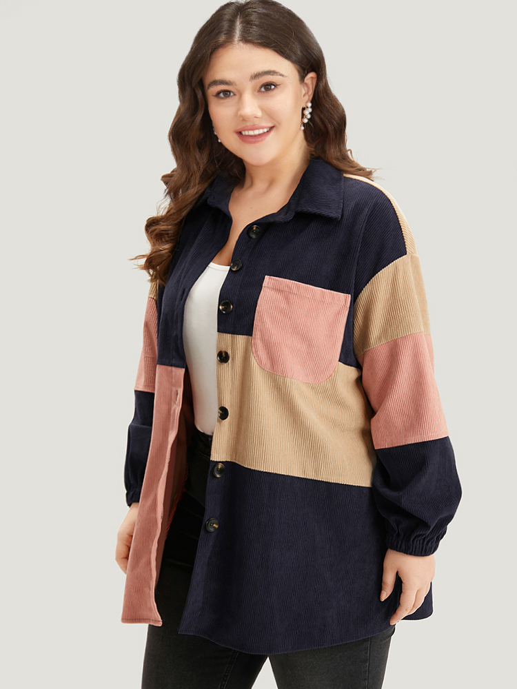 

Plus Size Colorblock Contrast Patchwork Pocket Button Through Jacket Women DarkBlue Pocket Dailywear Jackets BloomChic