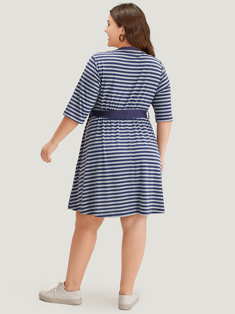 

Plus Size Striped Pocket Button Up Belted Crew Neck Dress Indigo Women Belted Round Neck Half Sleeve Curvy Midi Dress BloomChic