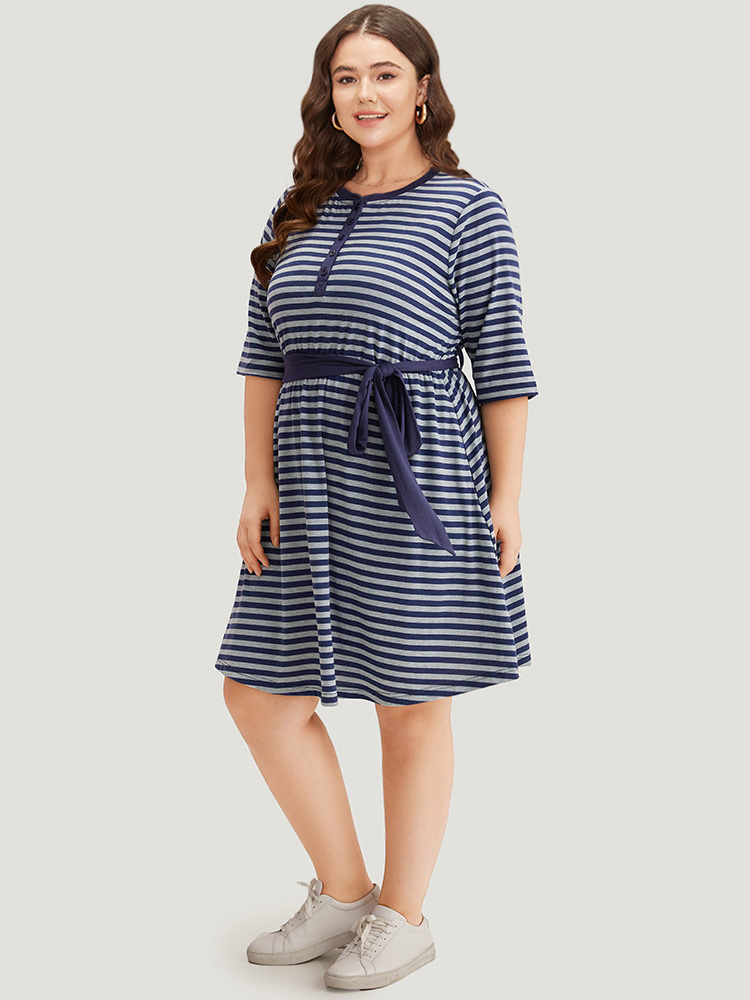 

Plus Size Striped Pocket Button Up Belted Crew Neck Dress Indigo Women Casual Belted Round Neck Half Sleeve Curvy Midi Dress BloomChic