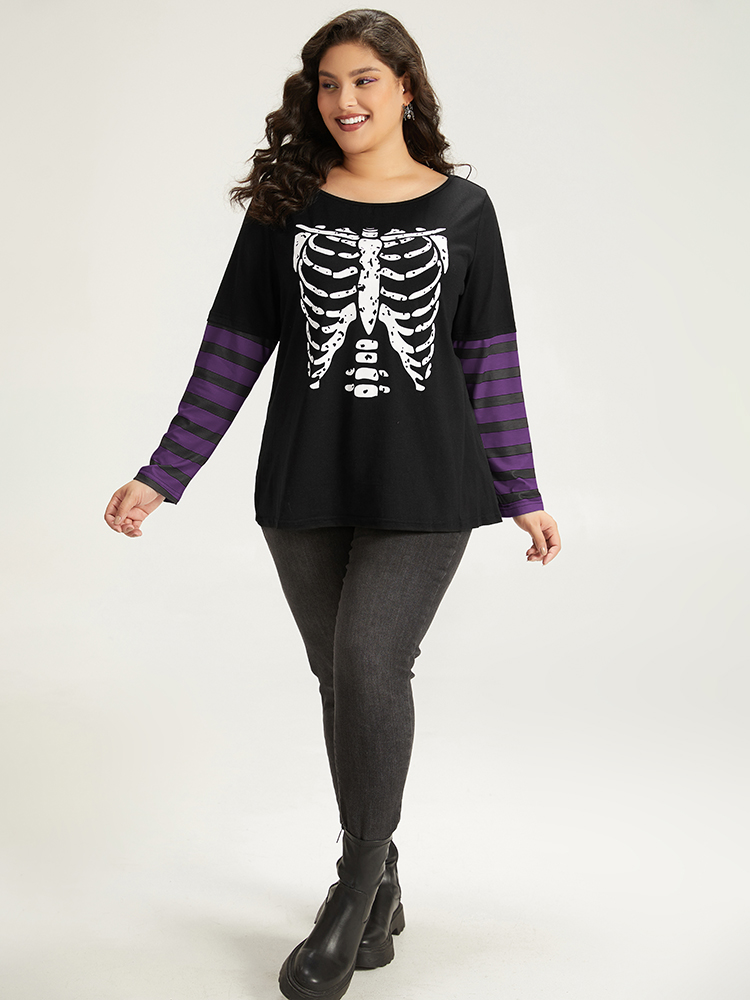 

Plus Size Halloween Striped & Skull Print Patchwork T-shirt Purple Women Casual Printed Halloween Round Neck Festival-Halloween T-shirts BloomChic