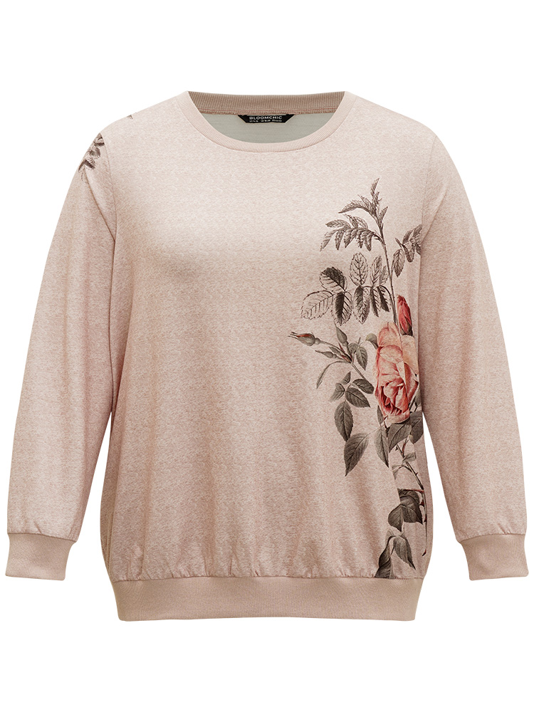 

Plus Size Floral Print Elastic Cuffs Sweatshirt Women LightBrown Casual Elastic cuffs Round Neck Dailywear Sweatshirts BloomChic