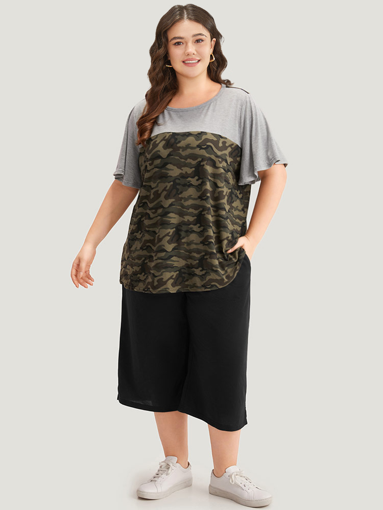 

Camo Patchwork Round Neck Ruffle Sleeve T-shirt, Gray