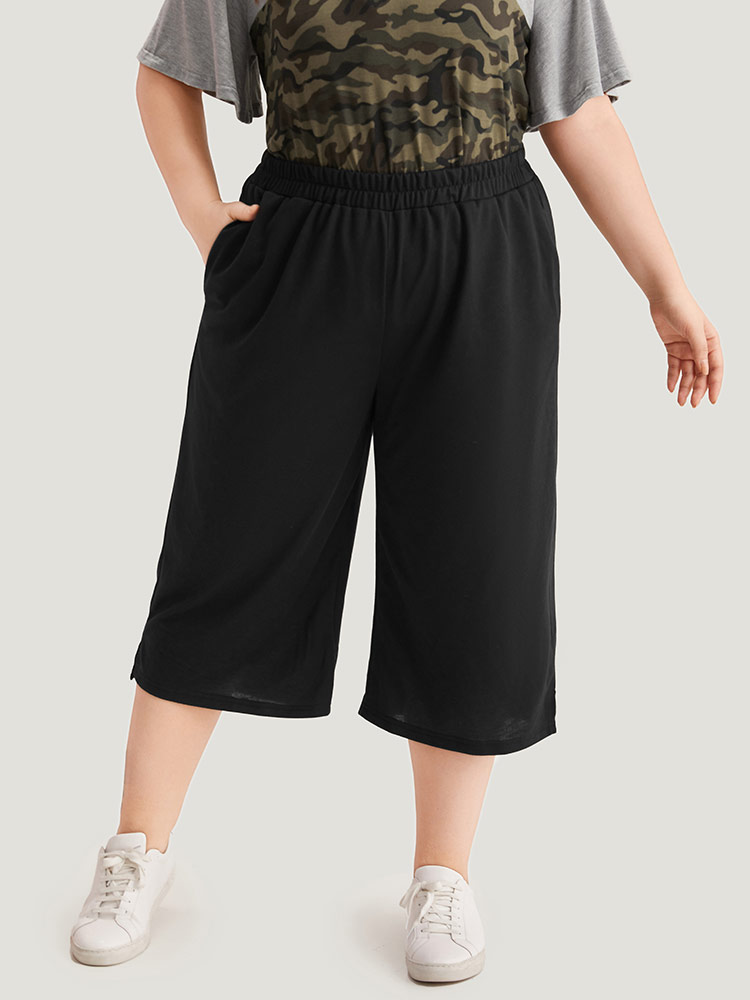 

Plain Pocket Elastic Waist Split Hem Cropped Pants, Black