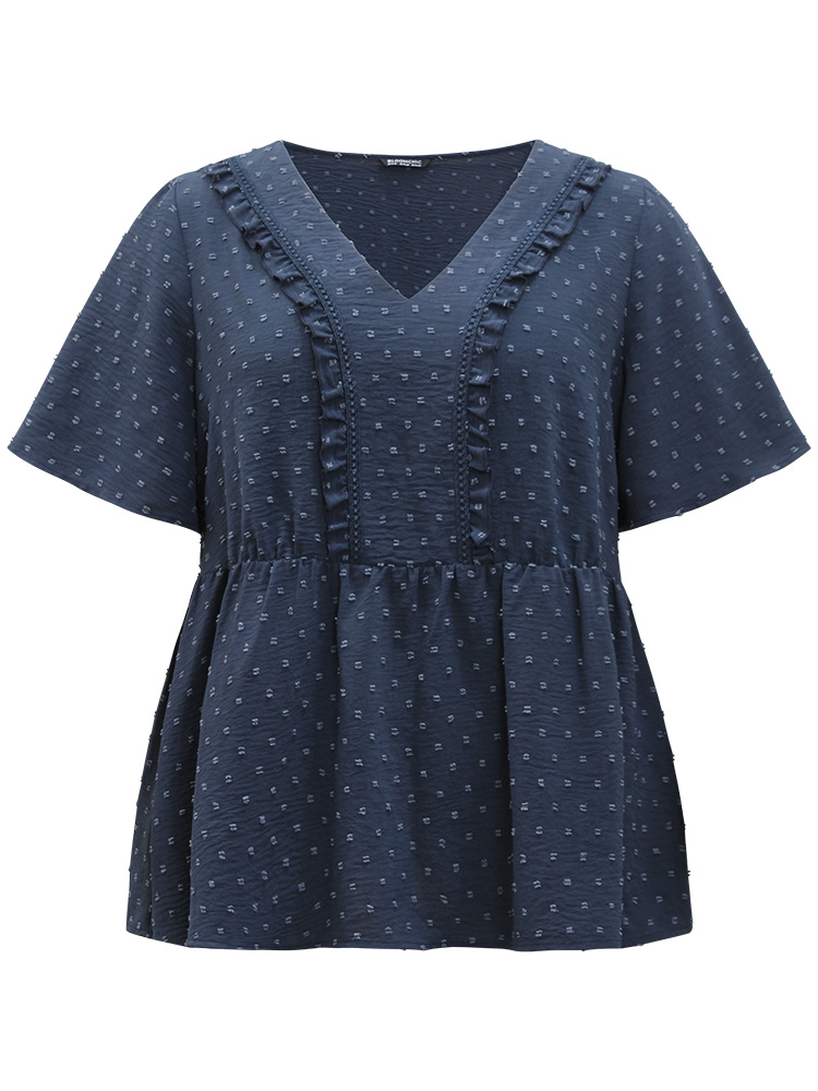 Plus Size Women Dailywear Plain Elastic Waist Ruffle Sleeve Short sleeve V-neck Elegant Blouses BloomChic 