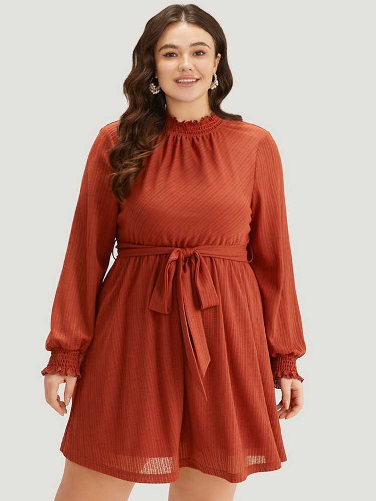 

Plus Size Solid Shirred Belted Mock Neck Dress Rust Women Texture Mock Neck Long Sleeve Curvy Midi Dress BloomChic