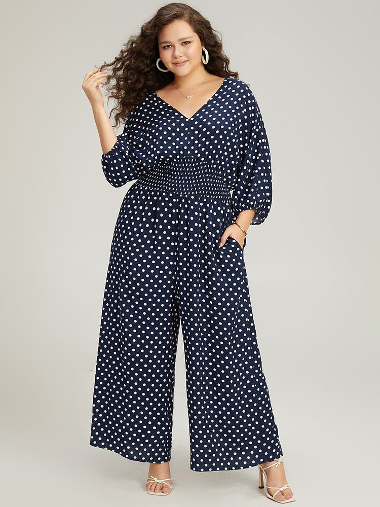 

Plus Size Indigo Polka Dot V Neck Knot Backless Lantern Sleeve Jumpsuit Women Elegant Elbow-length sleeve V-neck Dailywear Loose Jumpsuits BloomChic