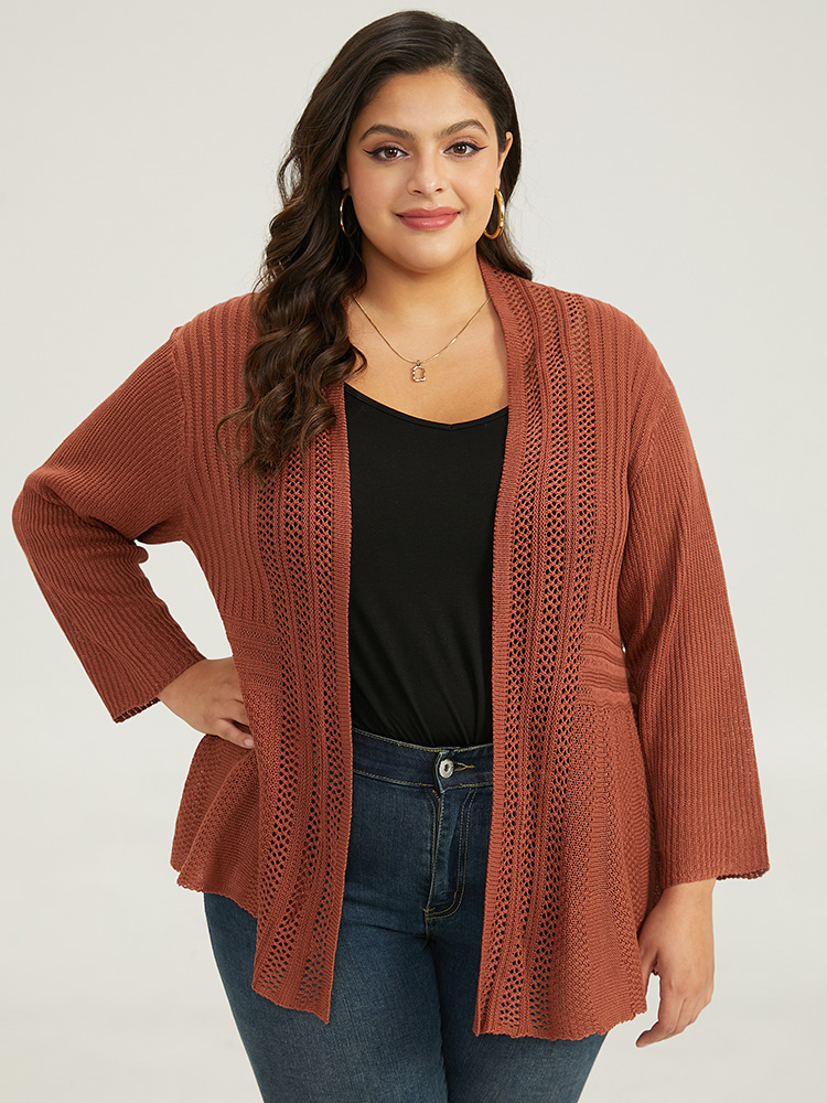 

Plus Size Plain Hollow Out Drop Shoulder Open Front Cardigan Chocolate Women Casual Loose Long Sleeve Everyday Cardigans BloomChic