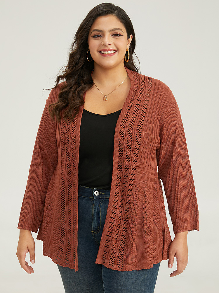 

Plus Size Plain Hollow Out Drop Shoulder Open Front Cardigan Chocolate Women Casual Loose Long Sleeve Everyday Cardigans BloomChic