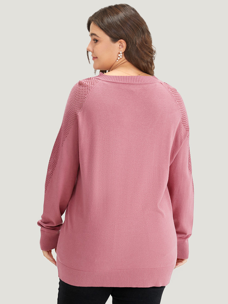 

Plus Size Supersoft Essentials Solid Cut Out Patchwork Pullover DustyPink Women Casual Loose Long Sleeve V-neck Dailywear Pullovers BloomChic