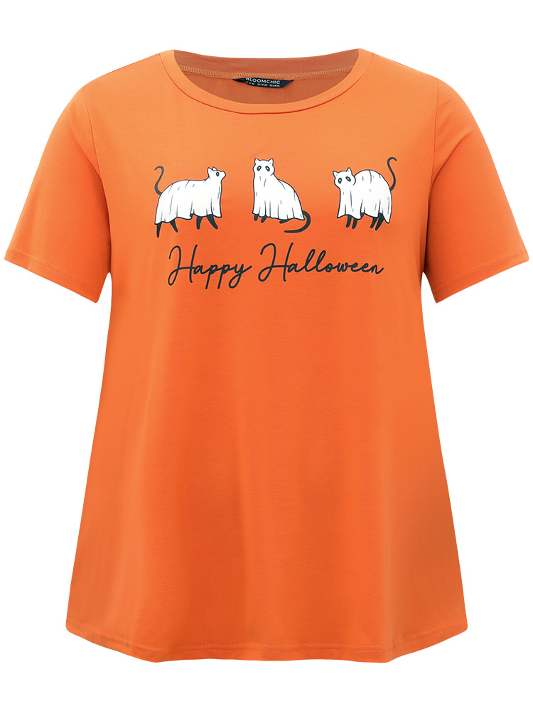 

Plus Size Halloween Letter & Animals Crew Neck T-shirt OrangeRed Women Casual Printed Halloween Festival-Halloween T-shirts BloomChic