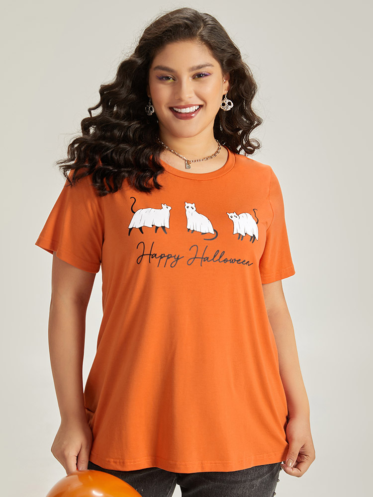 Plus Size Halloween Letter & Animals Crew Neck T-shirt OrangeRed Women Casual Printed Halloween Festival-Halloween T-shirts BloomChic 14-16/1X 