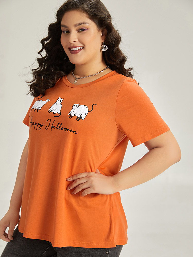 Plus Size Halloween Letter & Animals Crew Neck T-shirt OrangeRed Women Casual Printed Halloween Festival-Halloween T-shirts BloomChic 14-16/1X 