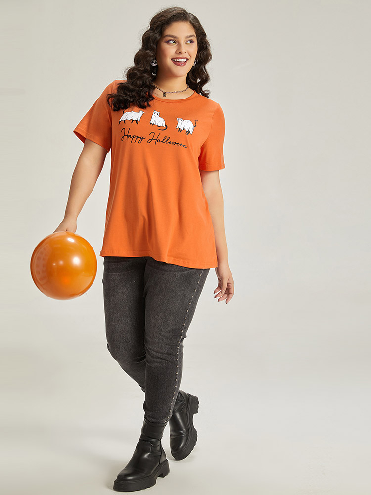 Plus Size Halloween Letter & Animals Crew Neck T-shirt OrangeRed Women Casual Printed Halloween Festival-Halloween T-shirts BloomChic 14-16/1X 