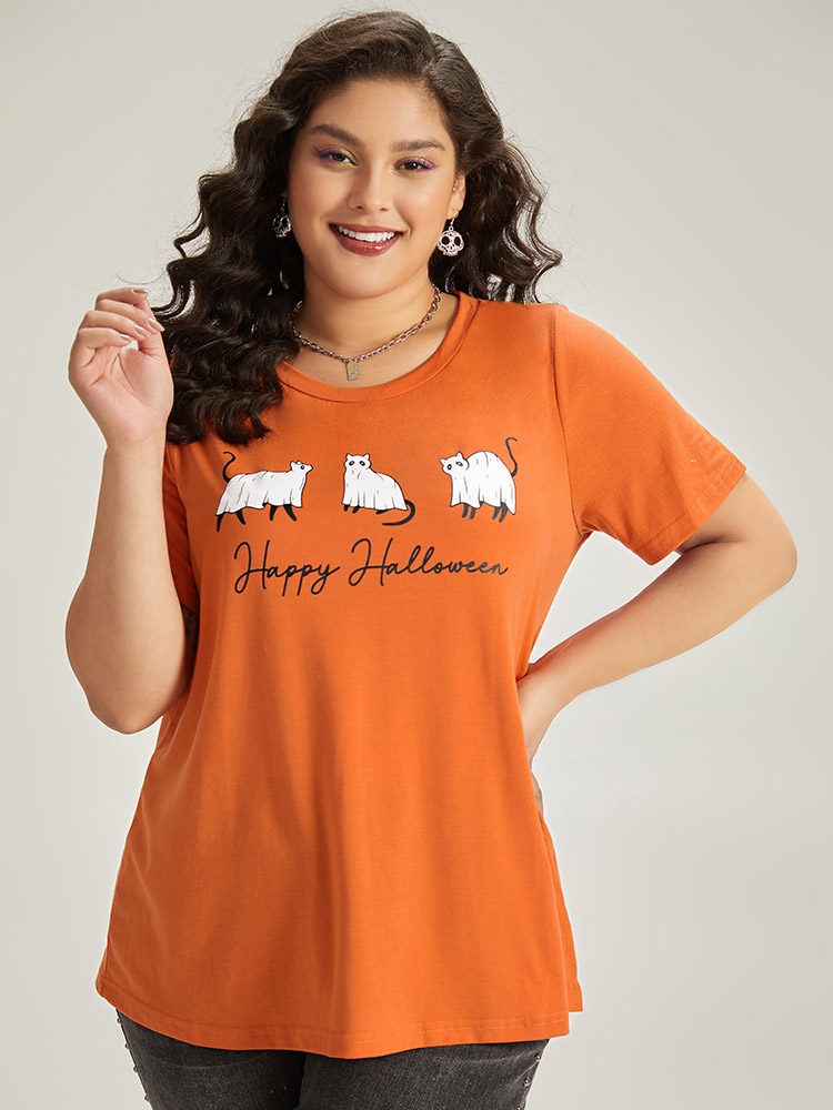 

Plus Size Halloween Letter & Animals Crew Neck T-shirt OrangeRed Women Casual Printed Halloween Festival-Halloween T-shirts BloomChic