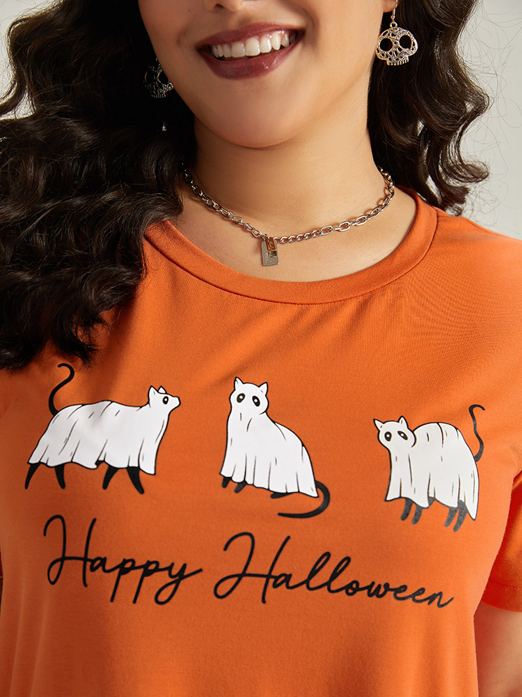Plus Size Halloween Letter & Animals Crew Neck T-shirt OrangeRed Women Casual Printed Halloween Festival-Halloween T-shirts BloomChic 14-16/1X 