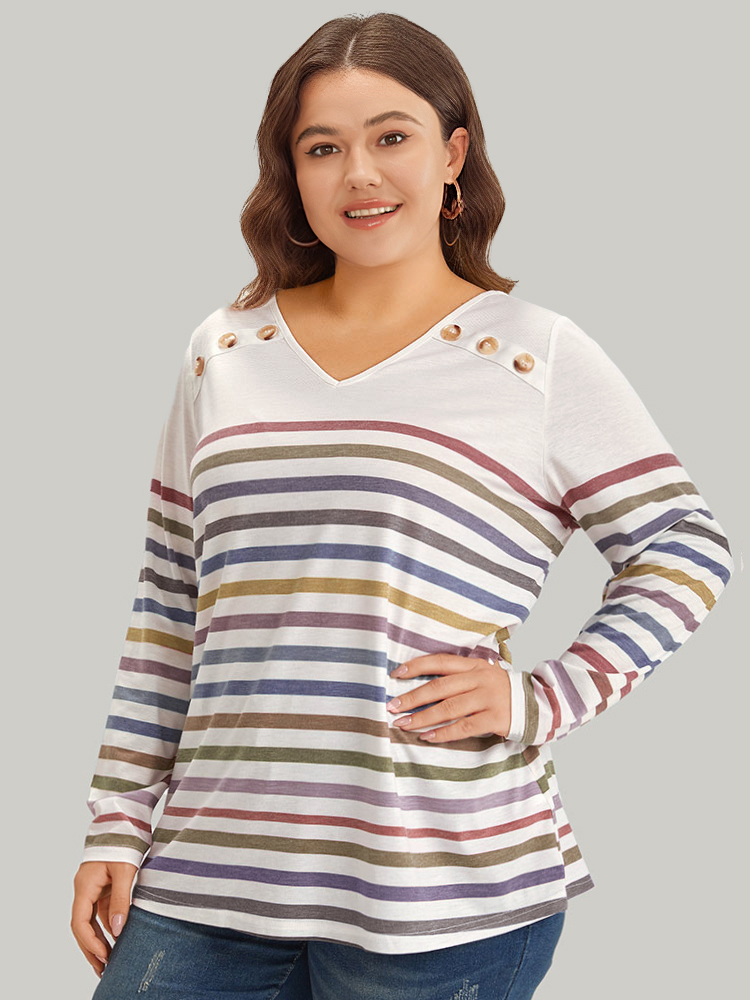 

Plus Size Striped V Neck Button Detail Raglan Sleeve T-shirt White Women Casual Button Striped V-neck Dailywear T-shirts BloomChic