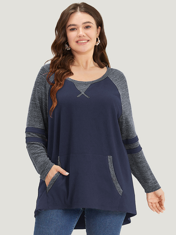 

Plus Size Striped Contrast Pocket Raglan Sleeve High Low Hem Sweatshirt Women Indigo Casual Contrast Round Neck Everyday Sweatshirts BloomChic