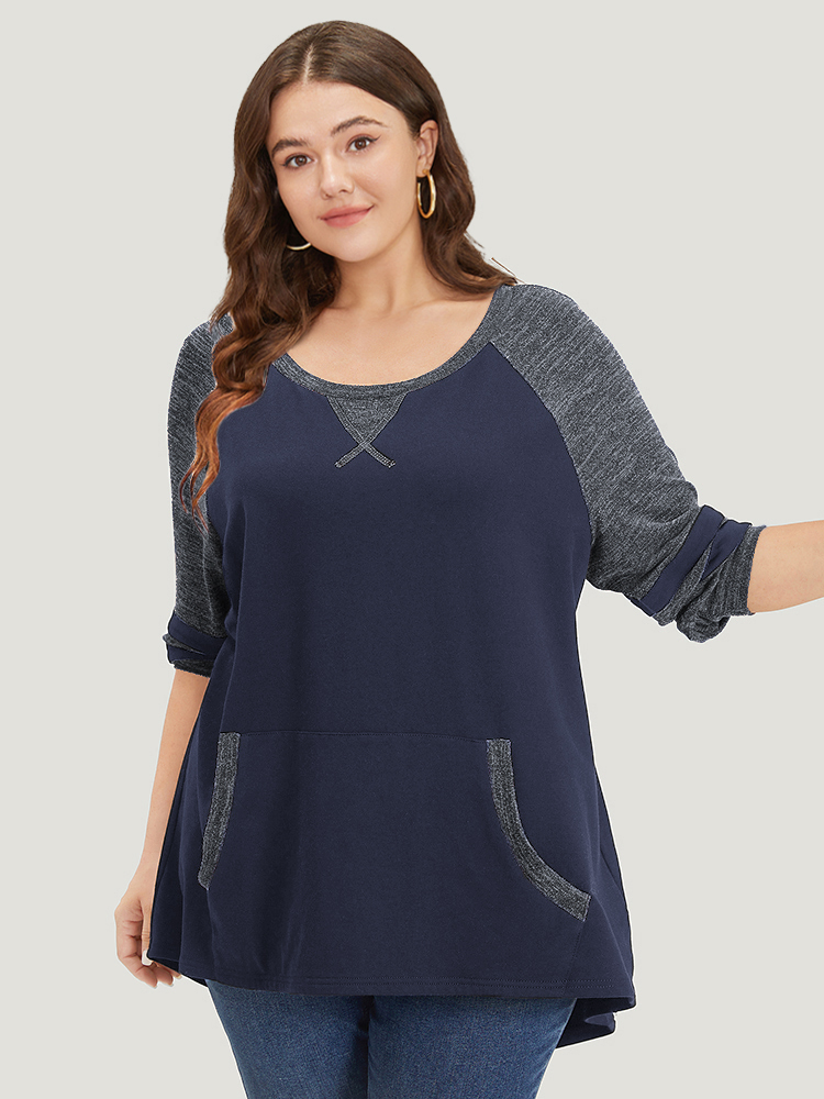 

Plus Size Striped Contrast Pocket Raglan Sleeve High Low Hem Sweatshirt Women Indigo Casual Contrast Round Neck Everyday Sweatshirts BloomChic