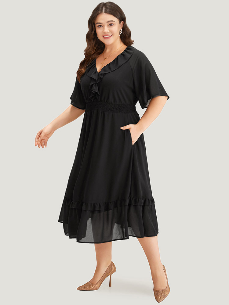 Plus Size Women Dailywear Plain Plain Raglan sleeve Half Sleeve V-neck Pocket Elegant Dresses BloomChic 