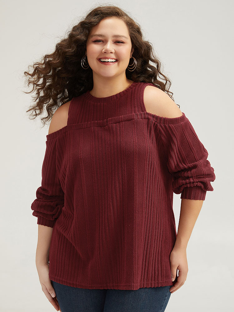 

Plus Size Plain Rib Knit Elastic Cuffs Cold Shoulder Sweatshirt Women Scarlet Elegant Elastic cuffs Round Neck Dailywear Sweatshirts BloomChic