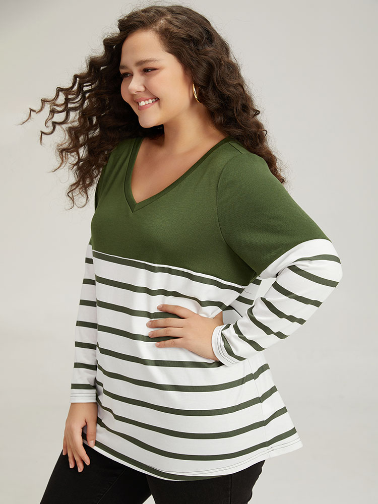 Plus Size Women Dailywear Striped Contrast Regular Regular Sleeve Long Sleeve V-neck Casual Sweatshirts BloomChic 
