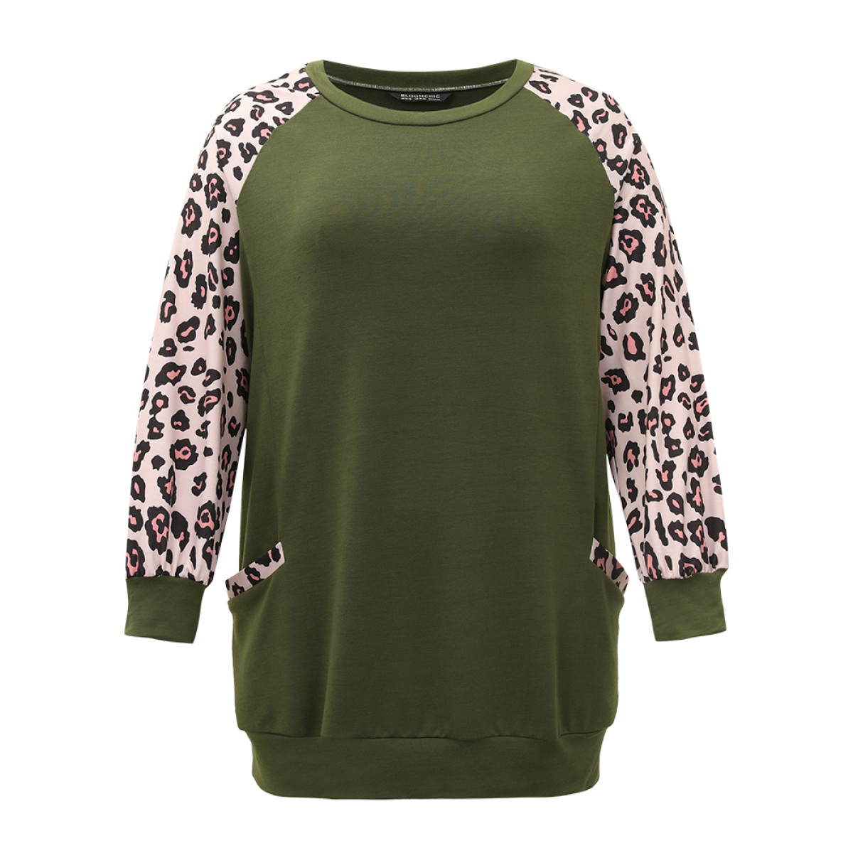

Plus Size Leopard Print Patchwork Contrast Pocket Raglan Sleeve Sweatshirt Women Green Casual Elastic cuffs Round Neck Dailywear Sweatshirts BloomChic