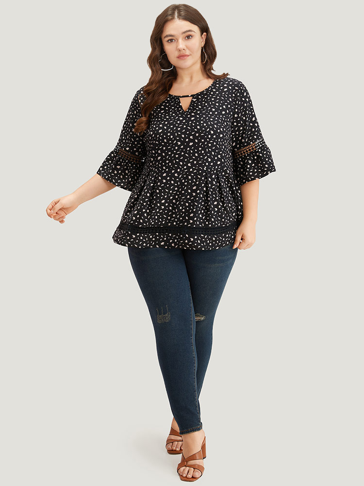 

Plus Size Black Leopard Print Flutter Sleeve Keyhole Hollow Out Blouse Women Elegant Half Sleeve Keyhole Cut-Out Dailywear Blouses BloomChic