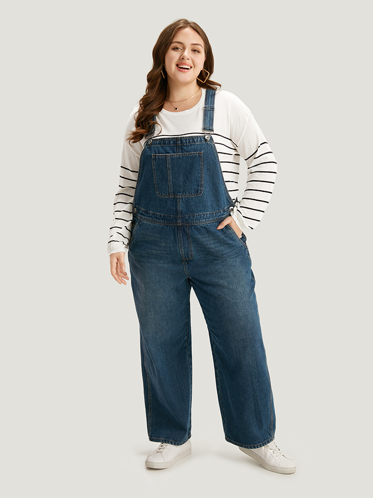 

Plus Size Solid Patched Pocket Button Down Overall Jeans Women Aegean Casual Plain Adjustable Straps No stretch Pocket Jeans BloomChic